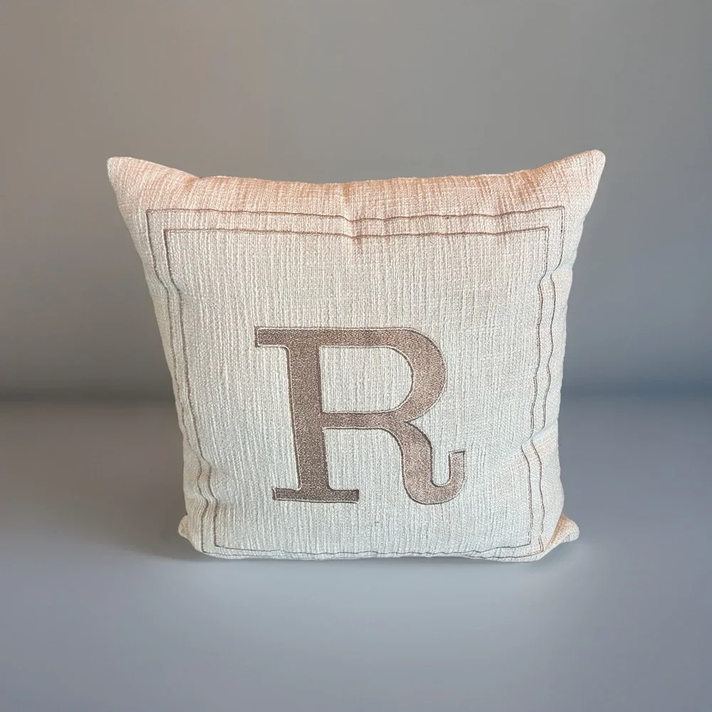 Monogram‎ Letter R Throw Pillow 16x16 Beige Linen Embroidered Cushion- Farmhouse